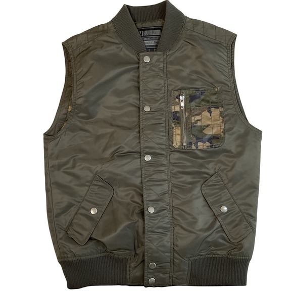 21MEN Vest Men XS Olive Green Bomber Jacket Camo Lined Pocket Utility Sleeveless - Picture 1 of 8